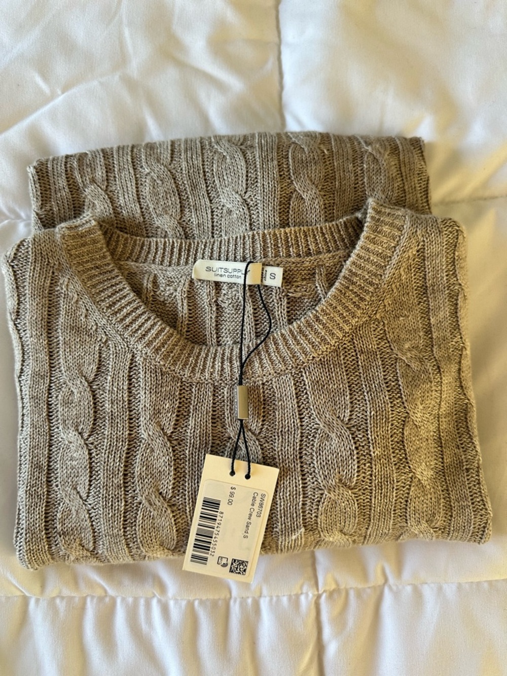 NWT Suitsupply Men's Cable Knit Sweater in Taupe